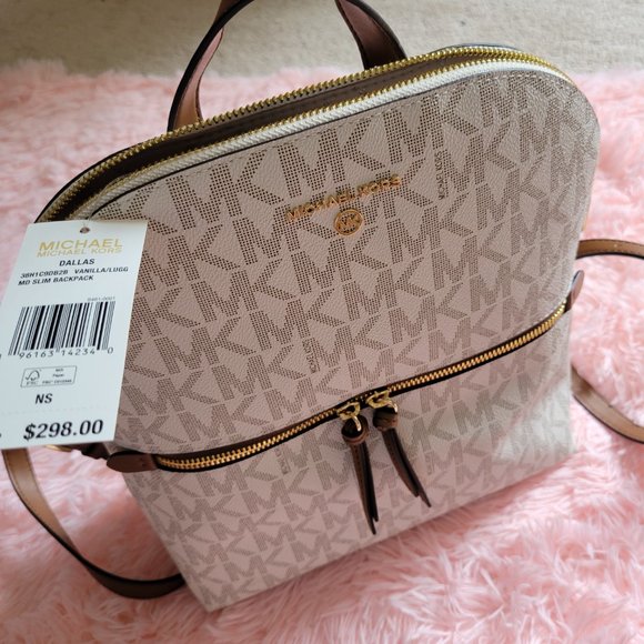 MICHAEL KORS Cindy MK Signature Beige Large Backpack Bag Gold Logo Retails $298 main image 4
